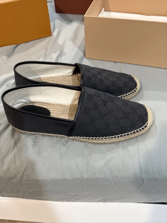 GUCCI Men\'s Black GG Monogram Canvas Espadrille Slip-Ons - Size 13